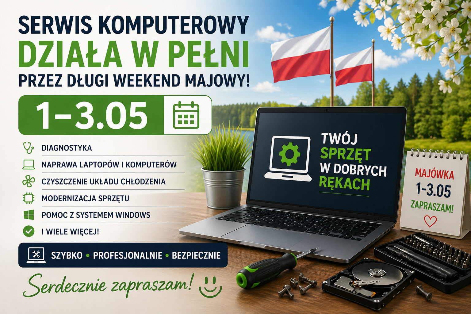 Serwis komputerowy działa przez długi weekend majowy 1–3.05! 💻🔧